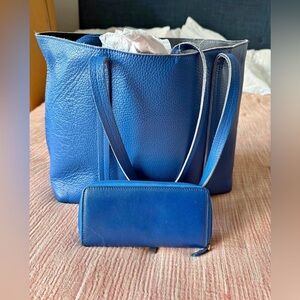 Blue Leather Tote and Wallet Set